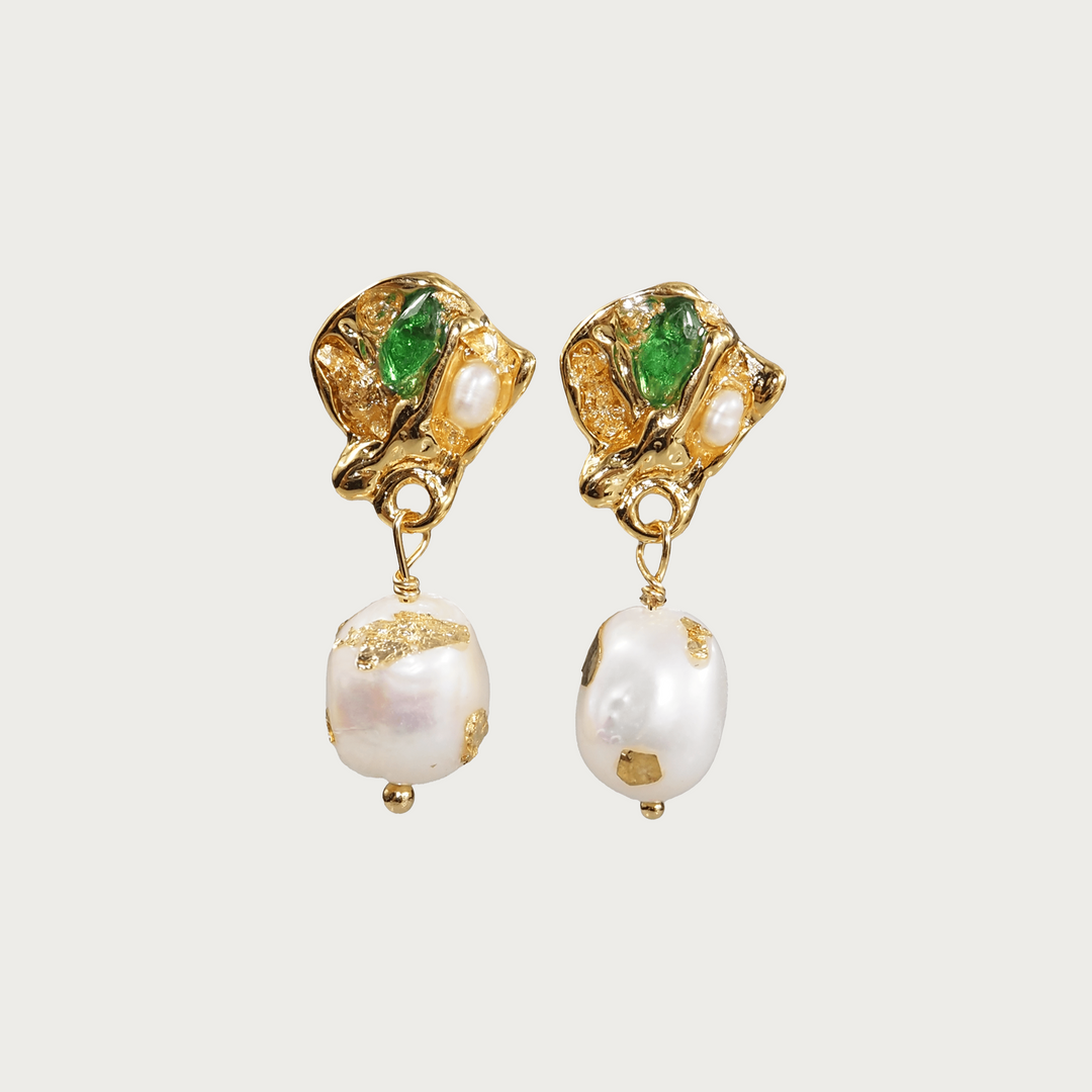 Emerald Elegance Vintage Pearl Dangle Earrings