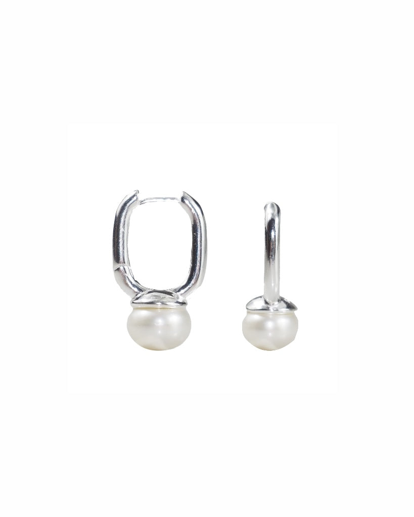 Pearl Huggie Earrings in Silver